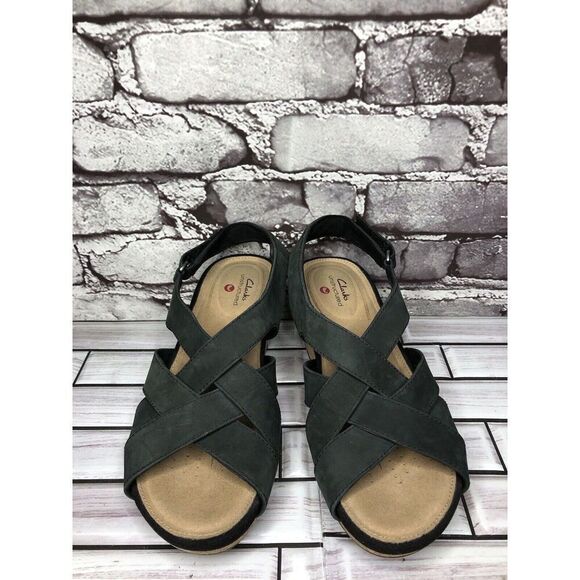 Clarks Unstructured Black Leather Criss Cross Strap Cork Wedge Sandals Women 7M - Picture 12 of 16